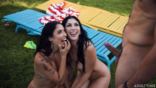 Nude babes share dick in backyard FFM scenes and swallow cum togther - xbabe.com on v0d.com