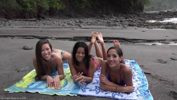Young wet 18yo brunette Latina babes enjoys threesome orgy outdoors on the beach - xtits.com on v0d.com