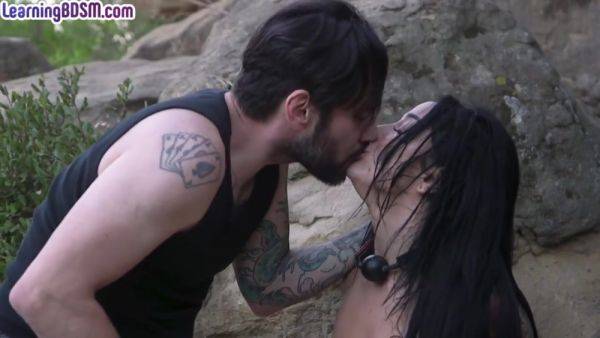 Submissive BDSM tattooed babe throat fucked outdoor - hotmovs.com on v0d.com