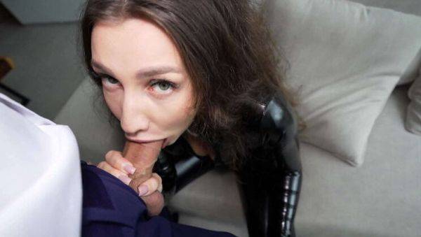 Latex Clad Brunette Secretary Gives Boss a Blowjob - porntry.com on v0d.com