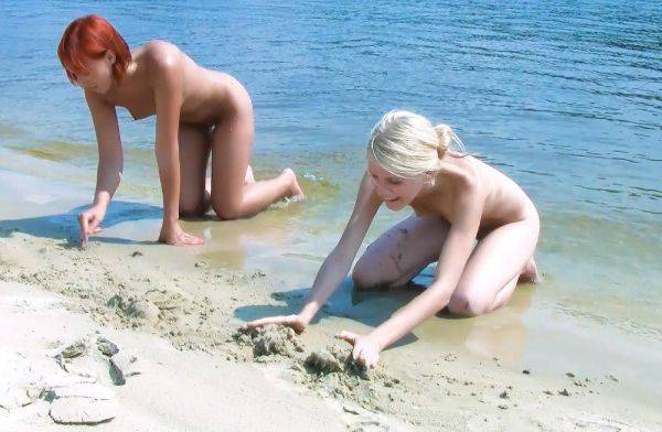 Skinny and young nudist ladies fool around on the beach - hclips.com on v0d.com