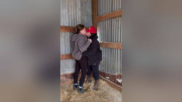 Sexy Lesbian Farmers Kiss And Touch Each Other In The Barn - videomanysex.com on v0d.com