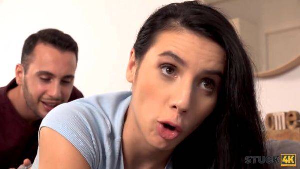 STUCK4K. Guy's meaty boner dives into brunette roommate's shaved pussy - hotmovs.com on v0d.com