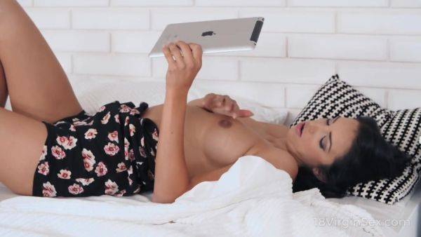18 Virgin Sex - Playful brunette takes half-naked photos - hotmovs.com on v0d.com
