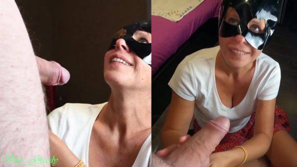 Milf With The Mask Sucks Off Her Husband & Gets A Huge Load On His Face Then Licks The Cum - Cat Woman - hclips.com on v0d.com