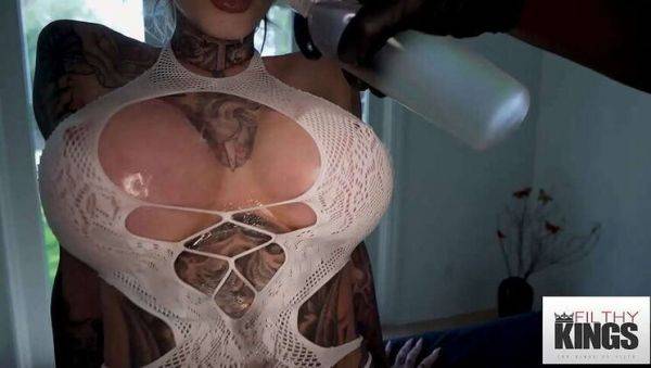 Inked Blonde with Huge Breasts Gets Oiled Up and Fucked - xxxfiles.com on v0d.com