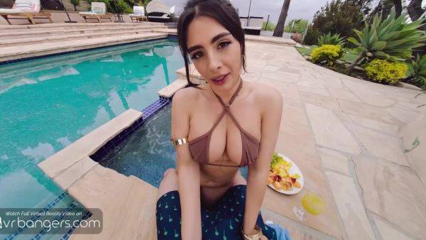 Busty Brunette Tru Kait gives a blowjob in the outdoor pool - anysex.com on v0d.com