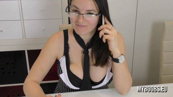 Naughty German MILF with massive natural tits plays with her huge boobs at work - sexu.com - Germany on v0d.com