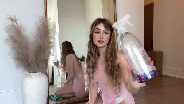 Sexy Blonde Twerks Her Big Butt As She Cleans The Mirror In A Sheer Dress - hclips.com on v0d.com