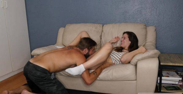 Cute brunette shares moments of lustful passion on the couch - xbabe.com on v0d.com