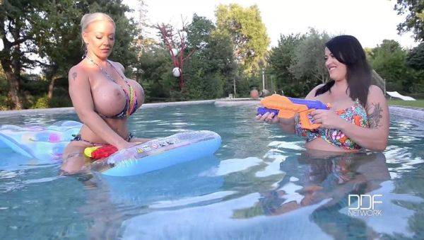 Floating Gazongas: Two British Bombshells With Big Tits In The Pool - porntry.com - Britain on v0d.com