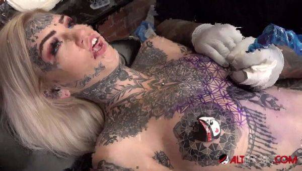 Amber Luke Gets Tattooed While Sascha Plays with Her Big Tits - xxxfiles.com - Australia on v0d.com