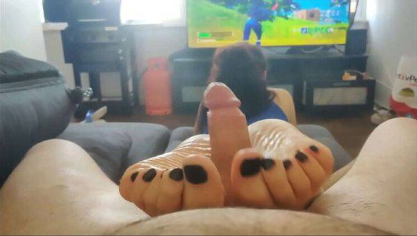 Step Sister Oiled Footjob with Black Toes While Playing Fortnite - Squirting Miss & Hard Rock - porntry.com on v0d.com