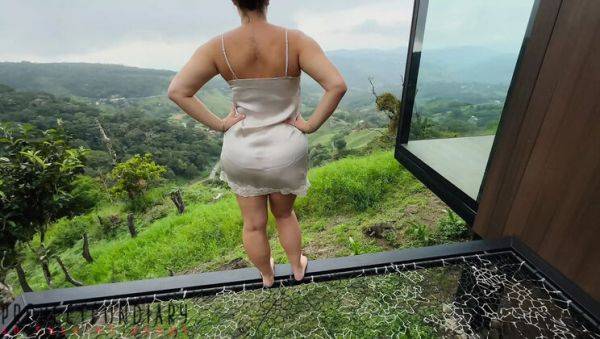 Chubby Secretary Fucks Boss on Balcony in Satin Dress - Outdoor Risky Sex - veryfreeporn.com - Britain on v0d.com