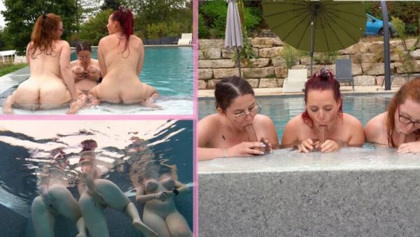French Lesbian Threesome Pool Fingering with Big Natural Tits and Huge Dildo - porntry.com - France on v0d.com