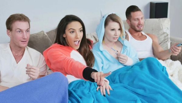 Scared teen stepdaughters Adrian Hush & Cara May get happy ending massage from stepdads in taboo family movie - veryfreeporn.com - Britain on v0d.com