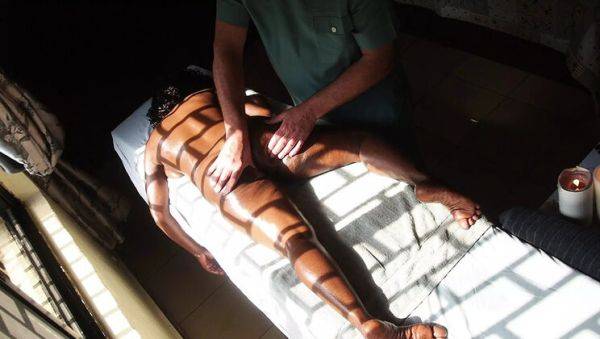 Ebony MILF Gets Oiled Up for a Special Massage with Older Man - porntry.com on v0d.com