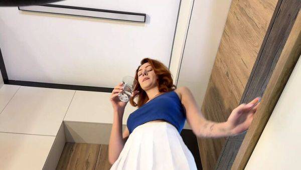 Sexy redhead wife flashes pink panties under white mini skirt before stripping - porntry.com on v0d.com
