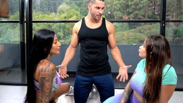 Ripped Gym Trainer Fucks Two Slutty Fitness Girls in Hot Threesome - xxxfiles.com on v0d.com