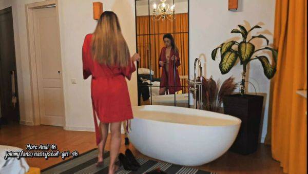 Asian MILF in Red Robe Gets Dirty in Hot Bath - Deep Anal & Creampie - porntry.com on v0d.com