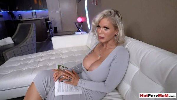 Busty blonde MILF stepmom gives handjob to stepson - porntry.com on v0d.com