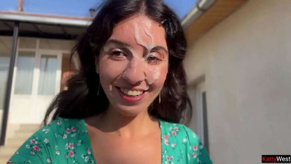 Katty West Brunette Blowjob: Outdoor Public Cumwalk with 3 Guys Facial - porntry.com on v0d.com